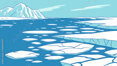 Arctic ocean icebergs landscape vector illustration for climate change and environment awareness design