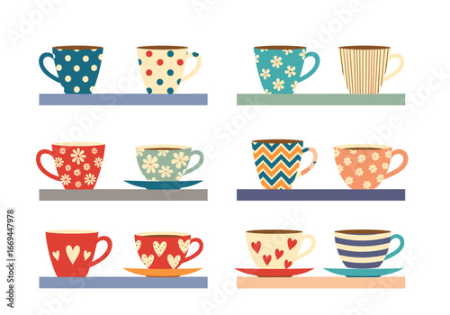 Colorful coffee cups on shelves offer charming kitchen decor inspiration with whimsical patterns and retro flair