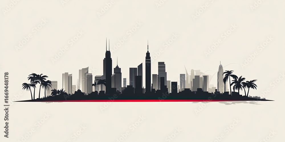 Fototapeta premium Miami Cityscape Silhouette With Palm Trees and Skyscrapers Against a Light Beige Sky