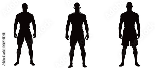 Three black silhouettes of male figures represent varying body types and poses, highlighting athleticism and strength in a simple yet striking format, ideal for fitness and sports themes.