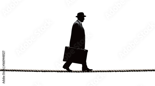 A businessman dressed in a suit and hat walks cautiously along a tightrope with a briefcase in hand. The stark white background emphasizes his silhouette and the precariousness of his journey.