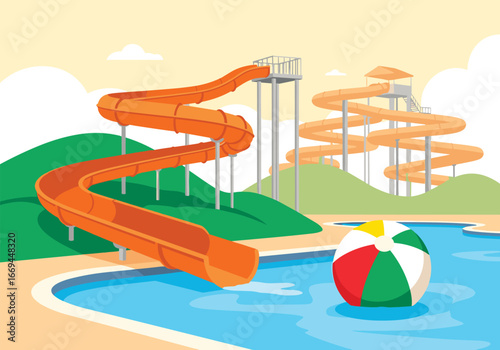 Vibrant waterpark illustration inviting summer fun, perfect for family vacation ads or playful children's designs