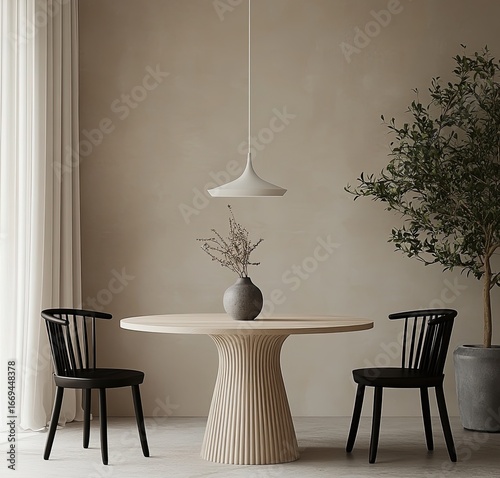 Minimalist dining set, wooden table with vase and plant, modern black chair, light beige