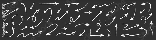 Arrow drawn hand vector line icon set. Hand drawn brush chalk stroke arrow curve, thin pencil scribble shape with vintage charcoal crayon texture. Doodle up down arrow symbol. Vector illustration