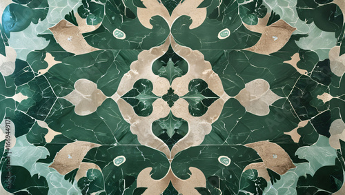 Ornate Green and Beige Marble Mosaic Tile Pattern - Decorative Floor or Wall