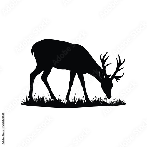 Black silhouette of a grazing buck in the grass field art, deer grazing on meadow silhouette vector illustration