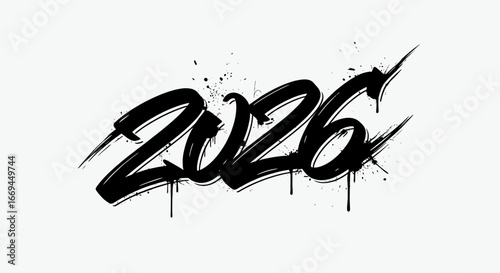 Dynamic 2026 typography design with bold, expressive brushstrokes and artistic paint splatters, perfect for modern branding and creative projects, conveying energy and anticipation.