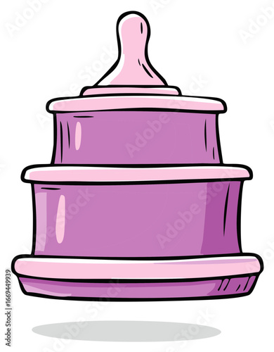 Cute cartoon style baby bottle nipple and cap in pink and purple with a shadow
