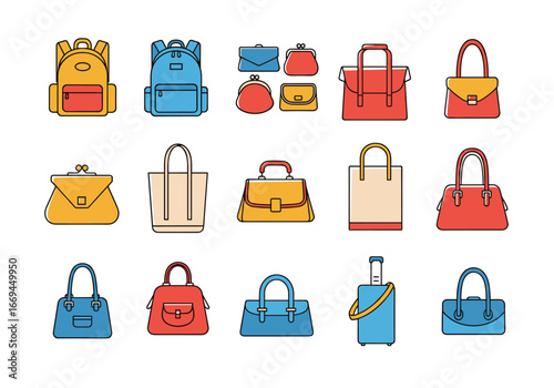 Stylish vibrant collection of backpacks, purses, and luggage for modern travel and everyday fashion needs
