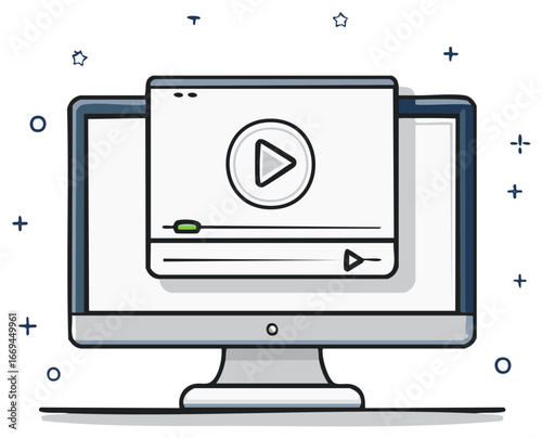 Flat design computer screen displaying a video player interface with play button and progress bar