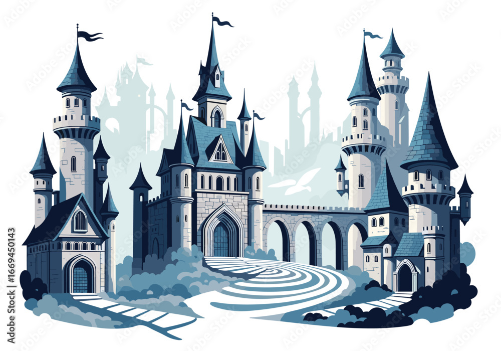 Obraz premium Discover a magical kingdom with majestic towers and bridges, perfect for fairytale illustrations and branding