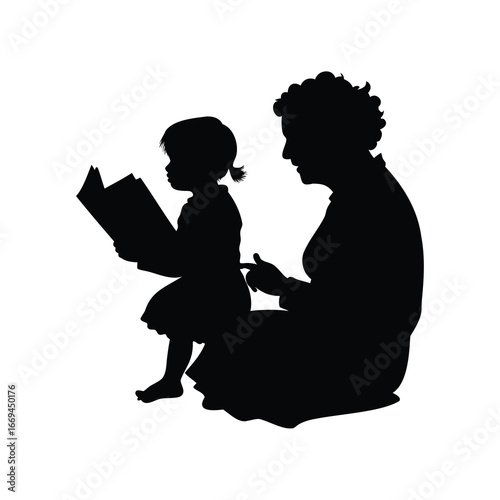 Grandmother reading a book to her granddaughter in black silhouette art, grandmother reading book to granddaughter silhouette vector illustration