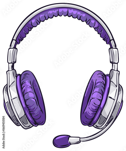 Purple headset illustration, headphones for gaming, audio accessory with microphone, musical sound isolated object