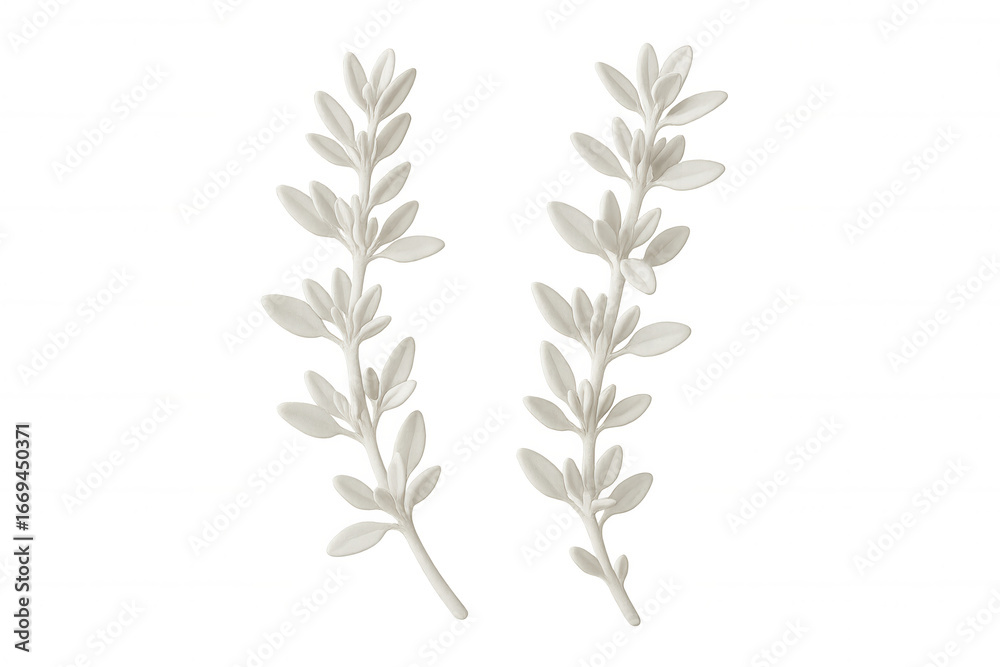 Fototapeta premium Two white branches with leaves creating a minimalist and elegant composition on a transparent background