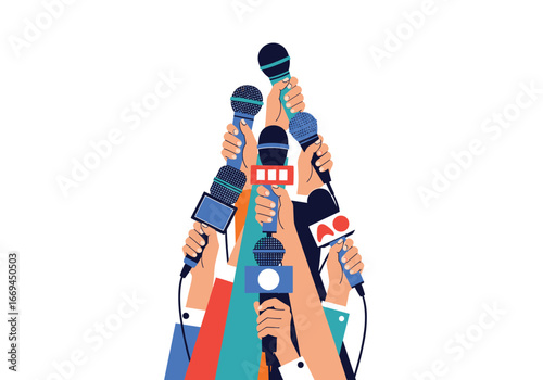 Press conference frenzy with hands holding microphones, perfect for media and journalism concepts