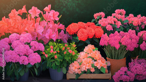 Vibrant flower market stall with blooming pink lilies, red roses, hydrangeas, and lush green leaves, creating cheerful and lively spring atmosphere