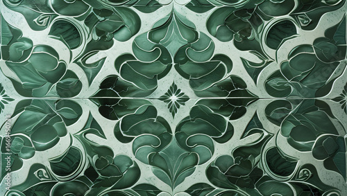 Ornate Green Marble Tile Pattern - Symmetrical Floral and Filigree Design