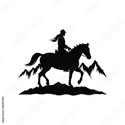 Silhouette of a horseback rider traversing mountainous terrain on a beautiful horse, horse riding in the mountains silhouette vector illustration
