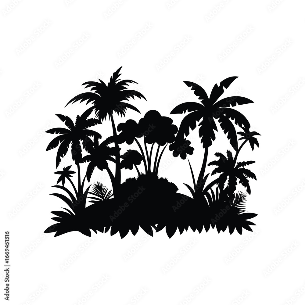 Obraz premium Silhouette of tropical plants and trees in black color over white, jungle bush silhouette vector illustration