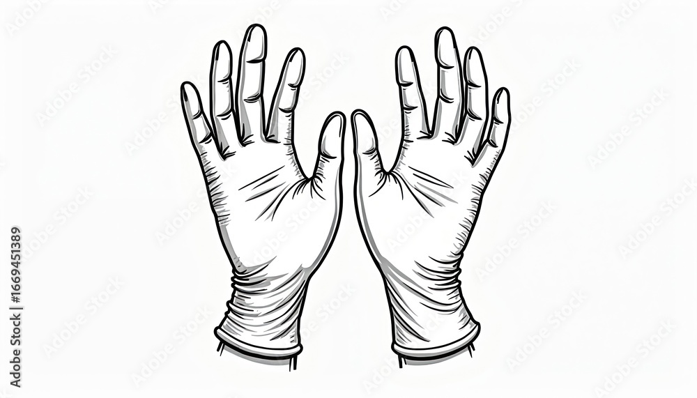 Obraz premium Line art illustration of disposable medical gloves. Essential hygiene gear for healthcare workers, patients. Clean sterile protection for hospitals, clinics, doctors, nurses. Safety, care in medical