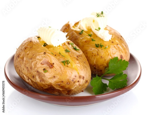 Two baked potatoes with butter and parsley on a plate