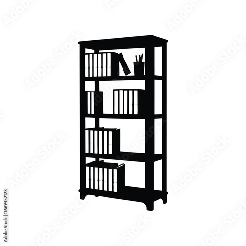 Silhouette of a five shelf bookcase filled with books and pens, office bookshelf silhouette vector illustration