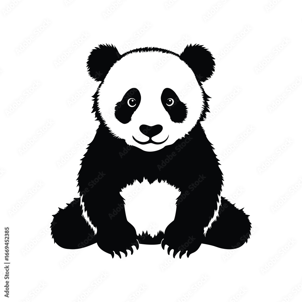 Obraz premium Monochromatic illustration of a sitting panda with detailed fur and sweet expression, panda baby silhouette vector illustration