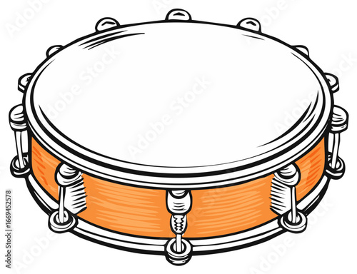 Stylized Hand Drawn Snare Drum with Jingle Bells and Orange Wood Shell