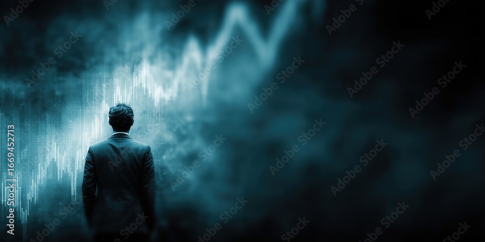 Fototapeta premium Image of a young businessman standing with his back turned, holding a stock chart line with a blue glow in his hands