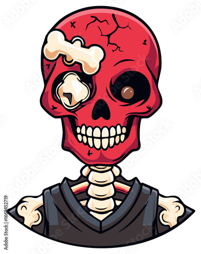 Spooky cartoon skull with bone accessory and cracked red head