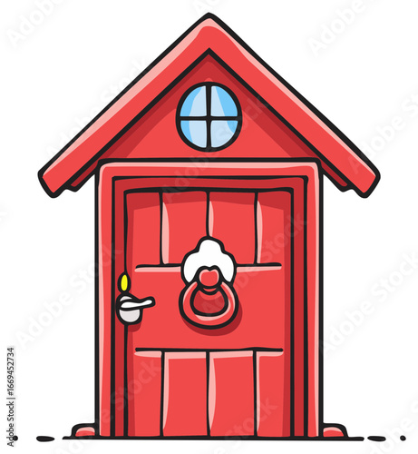 Illustration of a Red Cartoon Doorway with Round Window and Door Knocker