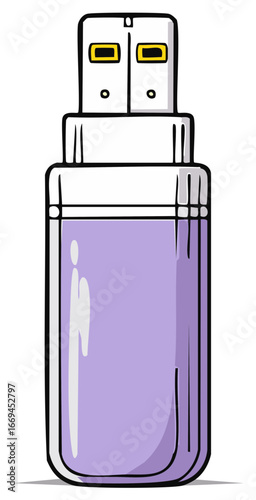 Cartoon purple USB flash drive for digital data storage and computer technology illustration