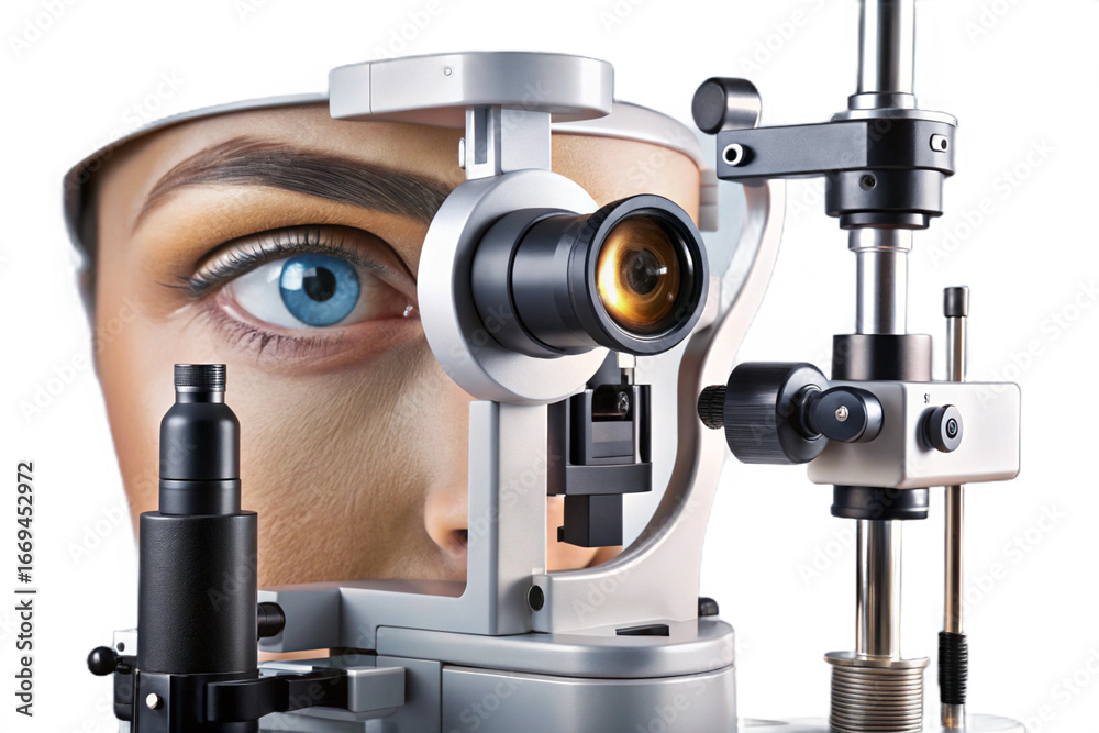 Fototapeta premium Realistic slit lamp examination of the human eye close-up medical equipment photography transparent background