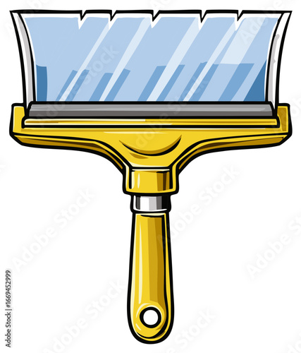 Cartoon illustration of a yellow window squeegee tool for washing and cleaning glass.