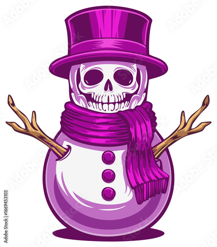 Grim Snowman with Top Hat and Scarf Cartoon