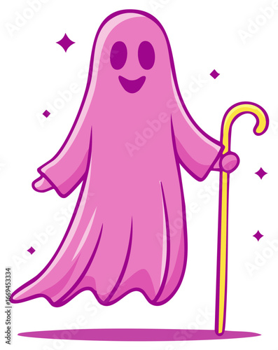 Cheerful pink cartoon ghost character happily floating and holding a curved walking stick with sparkles