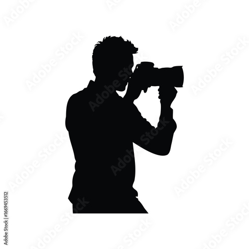 Silhouette of a man holding a professional camera taking photos in a studio, photographer holding camera silhouette vector illustration