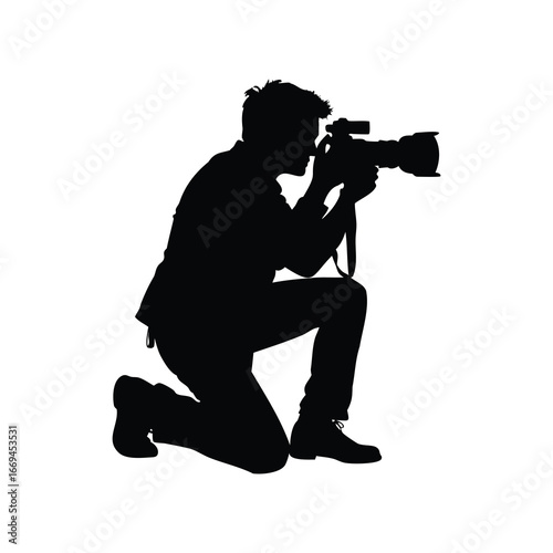 Silhouette of a photographer kneeling and taking a picture with professional camera, photographer in studio silhouette vector illustration