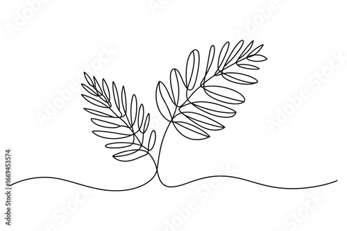 Minimalist single line drawing of two delicate fern fronds emerging from a wavy ground line on a white background