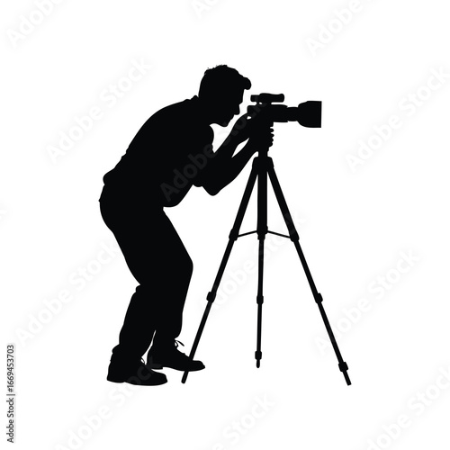 Silhouette of a photographer operating camera on tripod, ready to take photo, photographer using camera on tripod silhouette vector illustration