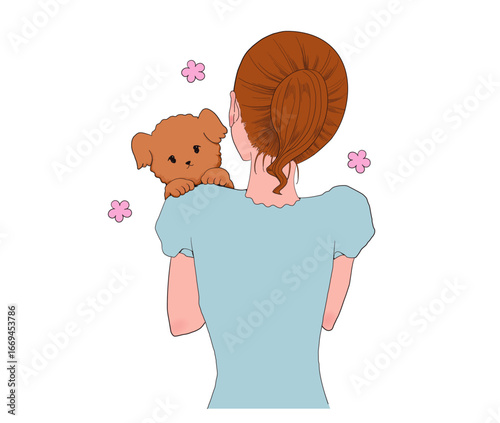 犬を抱っこする女性の後ろ姿 イラスト