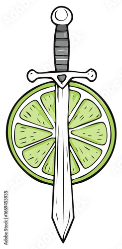 Stylized Sword Through Citrus Slice Icon Symbolizing Sharp Flavor or Freshness