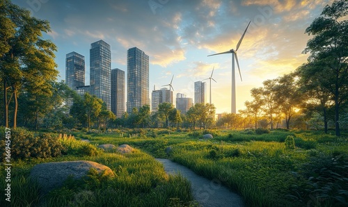 eco-friendly landscape showcasing a sustainable city with renewable energy sources like wind turbines and solar panels, green parks, and modern buildings designed to minimize, Generative AI