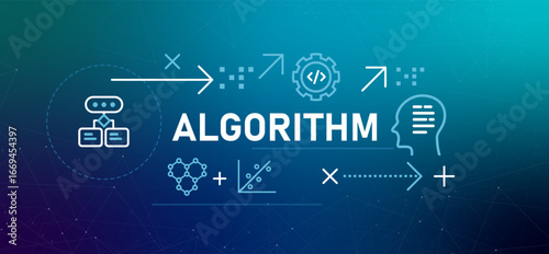 Algorithm conceptual banner illustration flowchart representing rules and logic procedure or formula for solving a problem or completing a task concept in computer science and programming