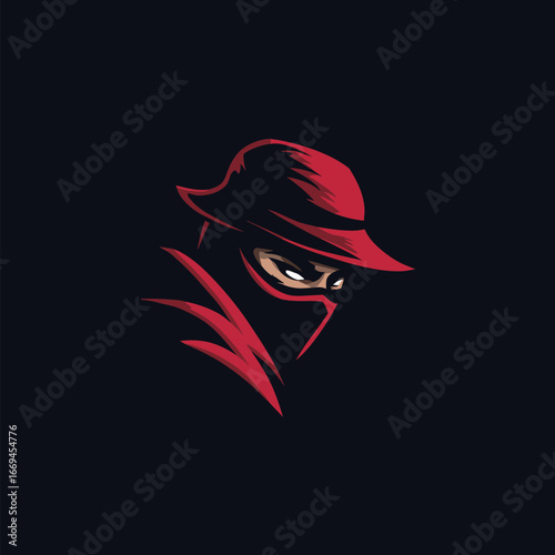 A cloaked figure with a red hat and mask is partially visible in a shadowy environment, suggesting stealth and mystery. The contrasting colors enhance the air of secrecy.