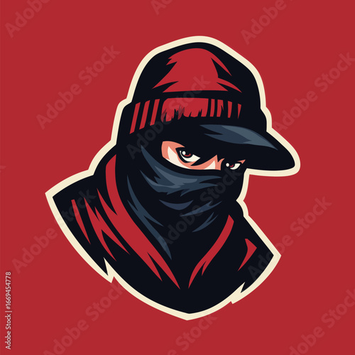 This artwork features a mysterious figure dressed in a red hoodie and mask, with piercing eyes visible above the covering.