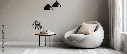 Modern Room Interior With Armchair, Table Decor, And Hanging Lamps Against Gray Wall