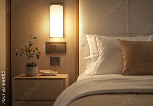 Nightstand With Lamp, Plant And Bed In Warm Light Room Interior Design