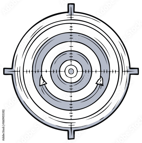 Stylized target illustration with arrows, aiming conceptual precision and success in a circular grayscale drawing