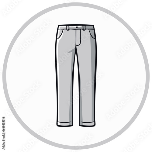 Simple vector icon of gray men's casual pants or trousers in a circular frame.